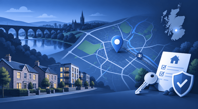 Mortgage Broker in Motherwell location map with residential property, map pin, key and mortgage document icons.
