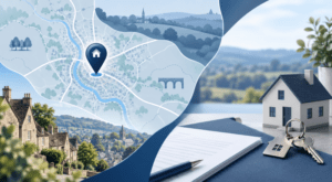Mortgage Broker in Nailsworth location map with property, house keys and Cotswold-style homes in blue branding.