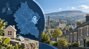 Mortgage Broker in Nelson with Lancashire map pin, stone terraced homes, house model and keys.