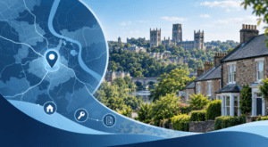 Mortgage Broker in Neville's Cross, County Durham, with location map, residential homes and Durham skyline.