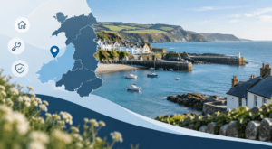 Mortgage Broker in New Quay, Ceredigion, with a location map, coastal harbour, homes and property icons in Connect Experts brand colours.