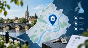 Mortgage Broker in Newark-on-Trent location map with house pin, local property icons and Newark-inspired town scenery.