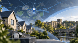 Mortgage Broker in Newbattle location map with residential homes, property keys and Midlothian-inspired local architecture.