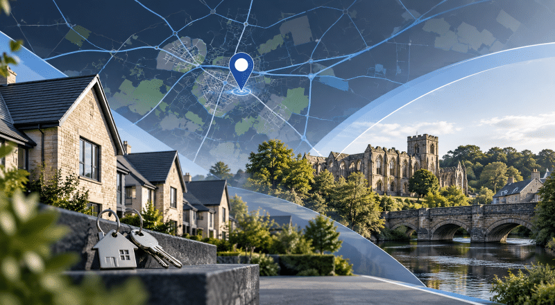 Mortgage Broker in Newbattle location map with residential homes, property keys and Midlothian-inspired local architecture.