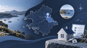 Mortgage Broker in Newport, Pembrokeshire, with a location map, coastal scenery, house model and keys.