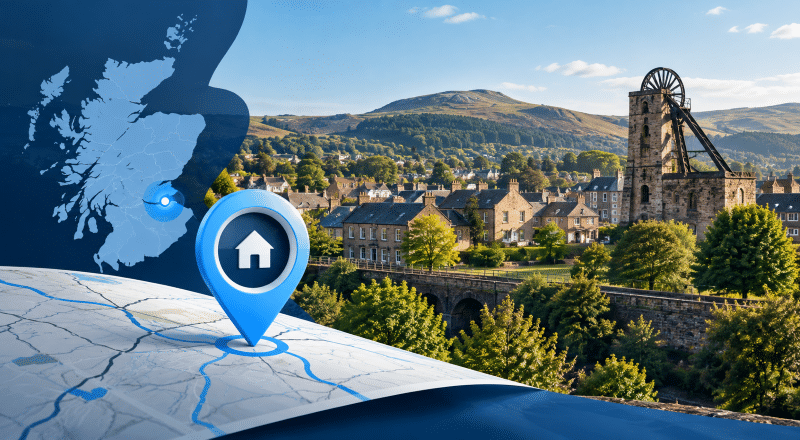 Mortgage Broker in Newtongrange, Midlothian, represented by a location map pin, homes and a traditional stone bridge.