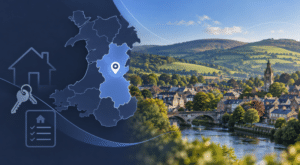 Mortgage Broker in Newtown location map with Powys countryside and property icons