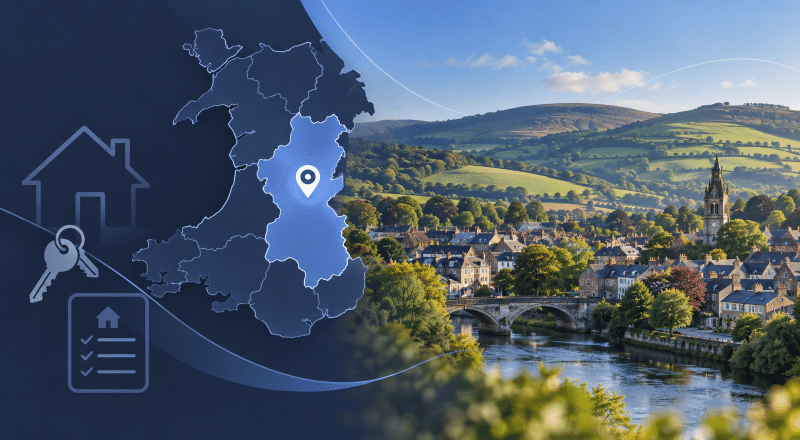 Mortgage Broker in Newtown location map with Powys countryside and property icons