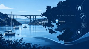 : Mortgage Broker in Neyland with Pembrokeshire map, Neyland location pin, marina, sailboats and coastal bridge illustration.
