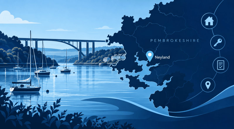 : Mortgage Broker in Neyland with Pembrokeshire map, Neyland location pin, marina, sailboats and coastal bridge illustration.