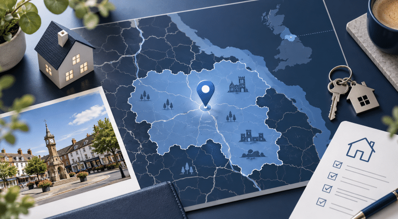 Mortgage Broker in Northallerton: Map-focused hero image highlighting Northallerton in North Yorkshire with property and mortgage-themed icons.
