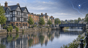 Mortgage Broker in Northwich, illustrated by riverside buildings, a steel bridge and a blue location pin with map detail.