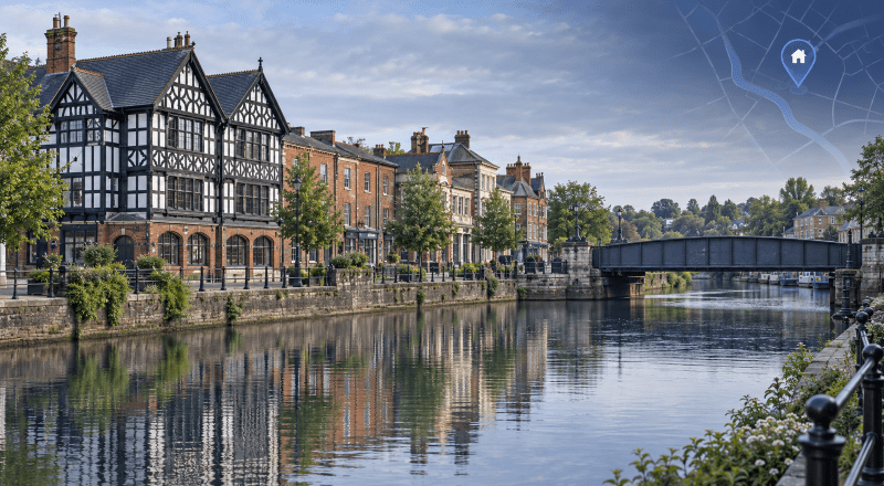 Mortgage Broker in Northwich, illustrated by riverside buildings, a steel bridge and a blue location pin with map detail.