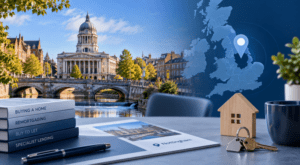 Mortgage Broker in Nottingham with Nottingham cityscape, location map pin, house model and mortgage lending materials.
