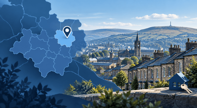 Mortgage Broker in Oldham with Greater Manchester map pin, local stone housing and Pennine hills.