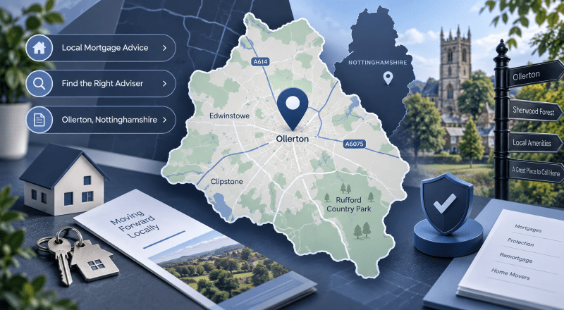 Mortgage Broker in Ollerton location map highlighting Ollerton and Nottinghamshire with local mortgage advice icons.