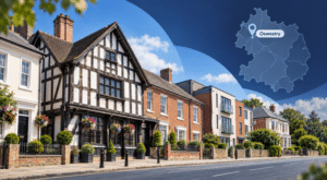 Mortgage Broker in Oswestry location map with traditional and modern Shropshire properties.