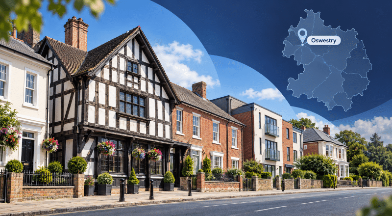 Mortgage Broker in Oswestry location map with traditional and modern Shropshire properties.