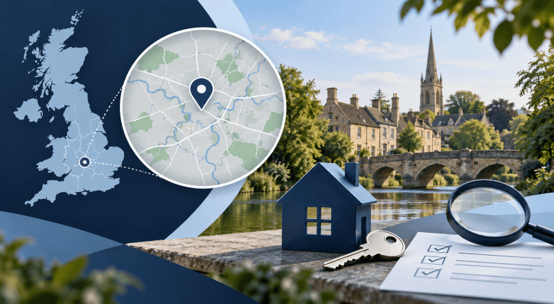 Mortgage Broker in Oundle location map with property search, house, key and local Oundle town imagery.