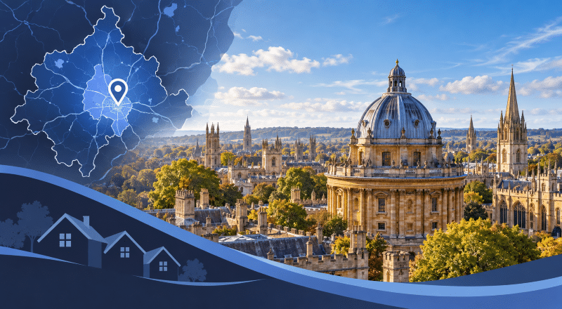 Mortgage Broker in Oxford hero image showing the Oxford skyline, Radcliffe Camera, a location pin on a stylised Oxfordshire map, and on-brand blue property graphics.