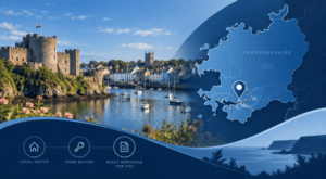 Mortgage Broker in Pembroke with Pembrokeshire map, location pin and coastal property imagery