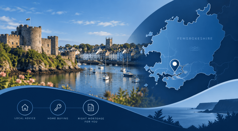 Mortgage Broker in Pembroke with Pembrokeshire map, location pin and coastal property imagery