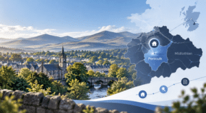 Mortgage Broker in Penicuik location map with Midlothian landscape, home, key and property icons.