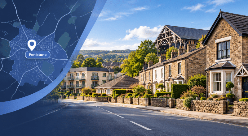 Mortgage Broker in Penistone hero image showing a Penistone map with location pin, varied homes and a local landmark in South Yorkshire.