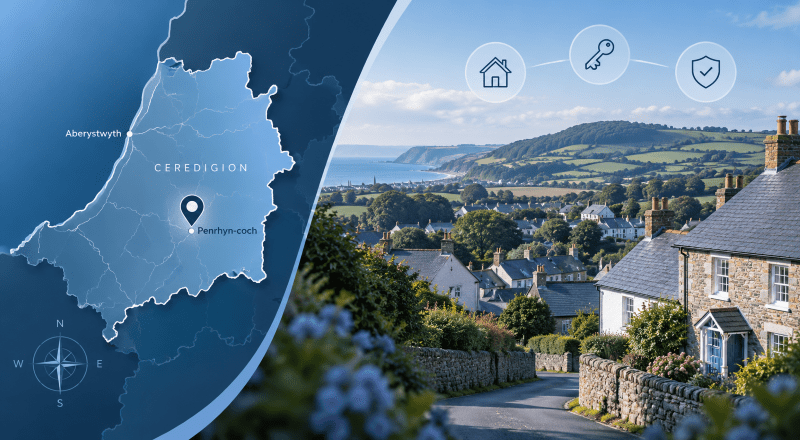 Mortgage Broker in Penrhyn-coch, Ceredigion, with local map pin, Welsh village homes and countryside.