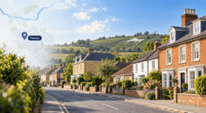 Mortgage Broker in Pewsey hero image showing a quiet Pewsey street with traditional homes, a location pin and map overlay, and the Pewsey White Horse on the hillside in the background.