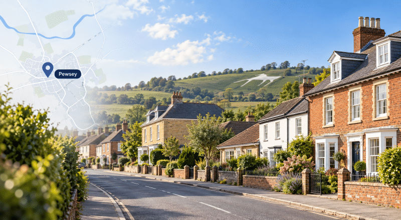 Mortgage Broker in Pewsey hero image showing a quiet Pewsey street with traditional homes, a location pin and map overlay, and the Pewsey White Horse on the hillside in the background.
