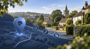 Mortgage Broker in Plaxtol location map with village homes, countryside, property icons and a highlighted map pin.