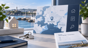 Mortgage Broker in Plymouth location map with house, key and mortgage icons in Connect Experts dark and light blue branding.