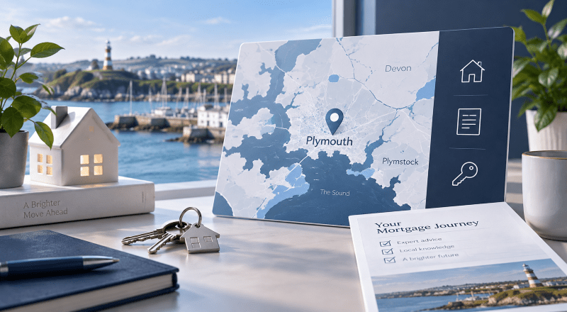 Mortgage Broker in Plymouth location map with house, key and mortgage icons in Connect Experts dark and light blue branding.