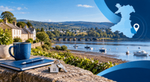Mortgage Broker in Portskewett, Monmouthshire location-themed hero image with Welsh scenery, property keys and map pin.