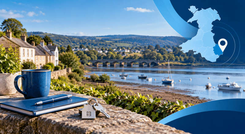 Mortgage Broker in Portskewett, Monmouthshire location-themed hero image with Welsh scenery, property keys and map pin.
