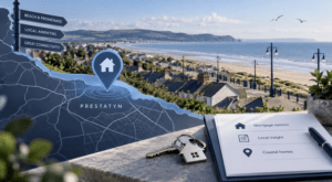 Mortgage Broker in Prestatyn location map with coastal homes, seafront and property icons.