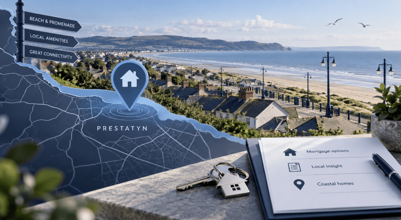 Mortgage Broker in Prestatyn location map with coastal homes, seafront and property icons.