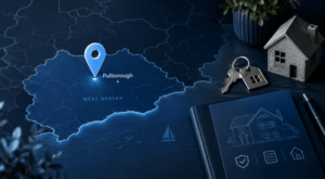Mortgage Broker in Pulborough location map with property and mortgage icons in Connect Experts blue branding.
