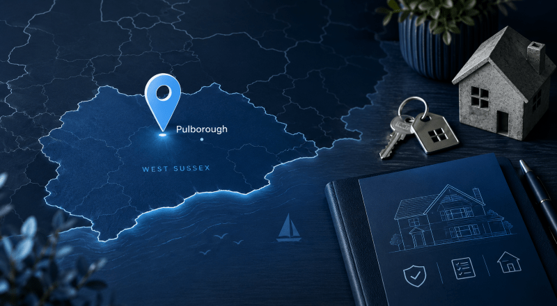 Mortgage Broker in Pulborough location map with property and mortgage icons in Connect Experts blue branding.