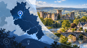 Mortgage Broker in Raglan hero image showing a Monmouthshire location map with a home pin, alongside Raglan Castle, river, bridge and countryside in Connect brand colours.
