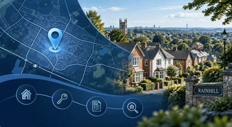 Mortgage Broker in Rainhill location map with residential homes and property search icons in Merseyside.