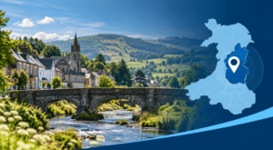 Mortgage Broker in Rhayader hero image featuring a Powys location map and Welsh countryside setting.