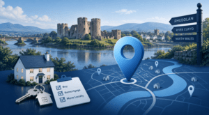 Mortgage Broker in Rhuddlan location map featuring Rhuddlan Castle, River Clwyd, local homes and property icons in blue tones.
