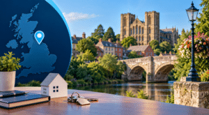 Mortgage Broker in Ripon hero image with Ripon Cathedral, local riverside scenery, UK location pin and home-buying icons.