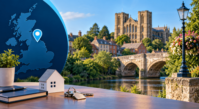 Mortgage Broker in Ripon hero image with Ripon Cathedral, local riverside scenery, UK location pin and home-buying icons.