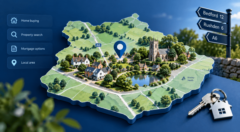 Mortgage Broker in Riseley location map with village homes, local road markers, mortgage icons and house keys in Connect Experts blue branding.