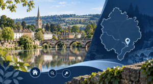 Mortgage Broker in Ross-on-Wye with Herefordshire map, location pin, River Wye and historic town scenery