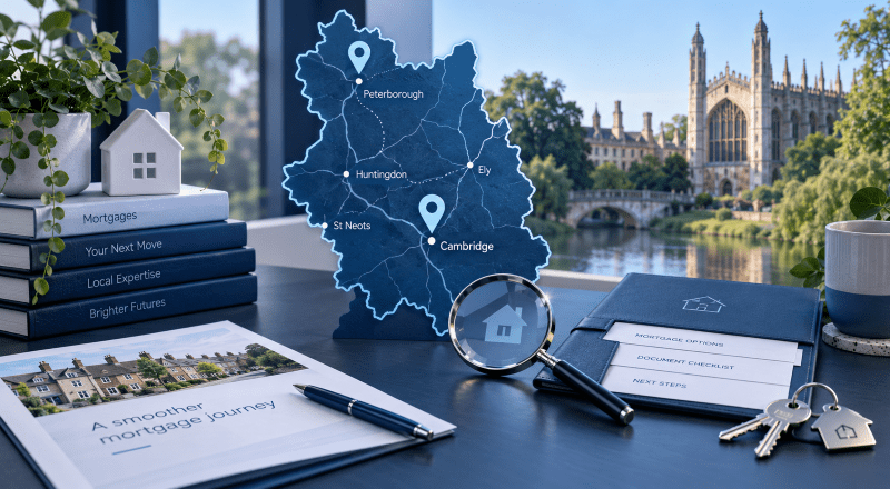 Mortgage Broker in Route, Cambridgeshire – location map with mortgage and property search icons in Connect Experts blue branding.