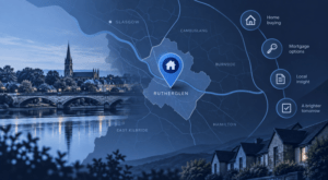 Mortgage Broker in Rutherglen location map with local homes, mortgage icons and nearby Lanarkshire areas